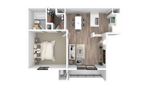 a 3d rendering of a floor plan with a bedroom and a bathroom